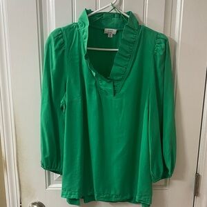 Crown & Ivy Green Blouse with Ruffled Neckline
